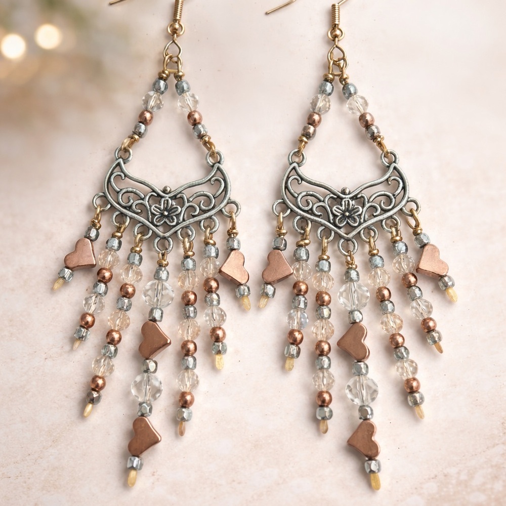 ✨ Handmade One-of-a-Kind Mixed Metal Chandelier Earrings Crystal & Beaded Wire ✨ - Picture 5 of 7